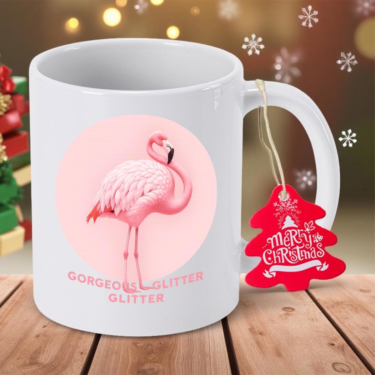 Tailorly White Ceramic 11 oz Mug - Gorgeous Glitter Elegantly Standing Pink Flamingo Within Soft Pink Circular Background Flamingo