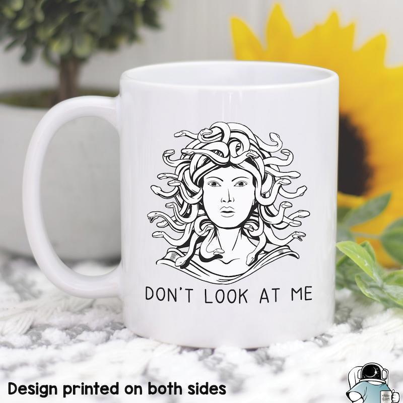 Tailorly White Ceramic 11 oz Mug - Don't Look At Me Hand Drawn Mythological Woman With Wriggling Snake Hair Intricate Illustration Medusa