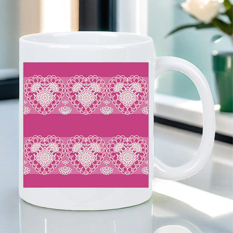 Tailorly White Ceramic 11 oz Mug - Pink Background With Intricate White Lace Hearts Patterns Featuring Elegant Border Heart