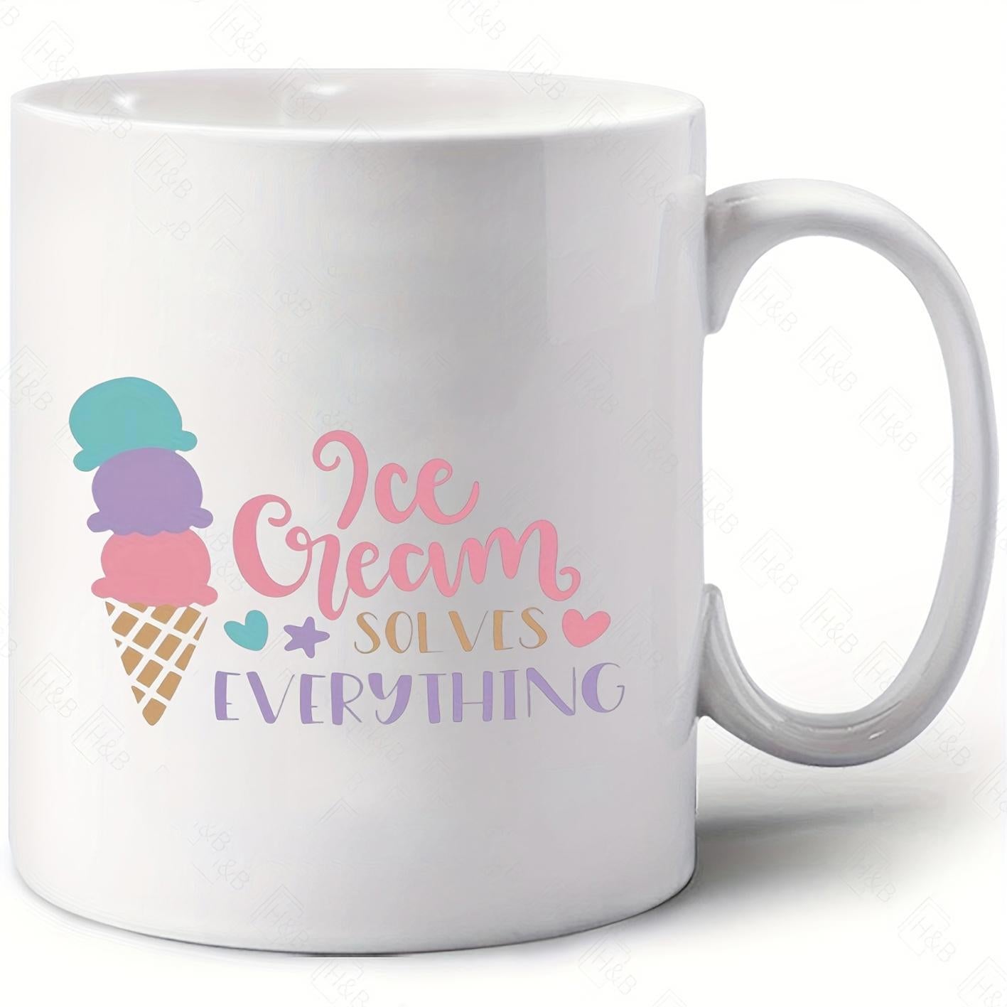 Tailorly White Ceramic 11 oz Mug - Ice Cream Solves Everything Sweet Colorful Triple Scoop Cone Surrounded By Tiny Hearts Ice Cream Cone