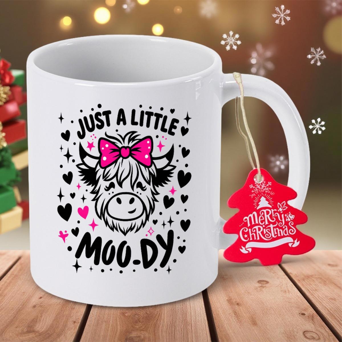 Tailorly White Ceramic 11 oz Mug - Just A Little Moody Cute Highland Cow Wearing Pink Bow Among Floating Black Hearts Cow