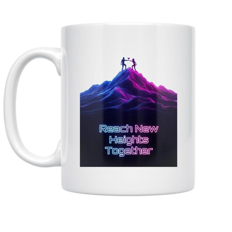 Tailorly White Ceramic 11 oz Mug - Reach New Heights Together Vibrant Neon Purple And Blue Peaks With Silhouettes Standing On Top Mountain