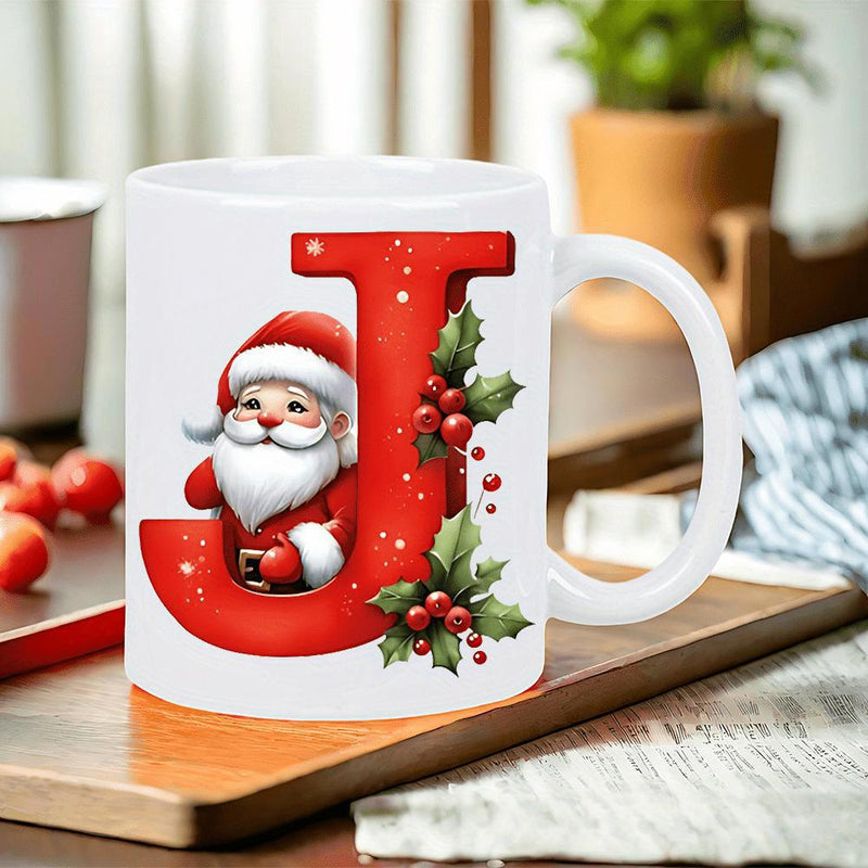 Tailorly White Ceramic 11 oz Mug - J Festive Red Letter Decorated With Jolly Peeking Christmas Character Santa