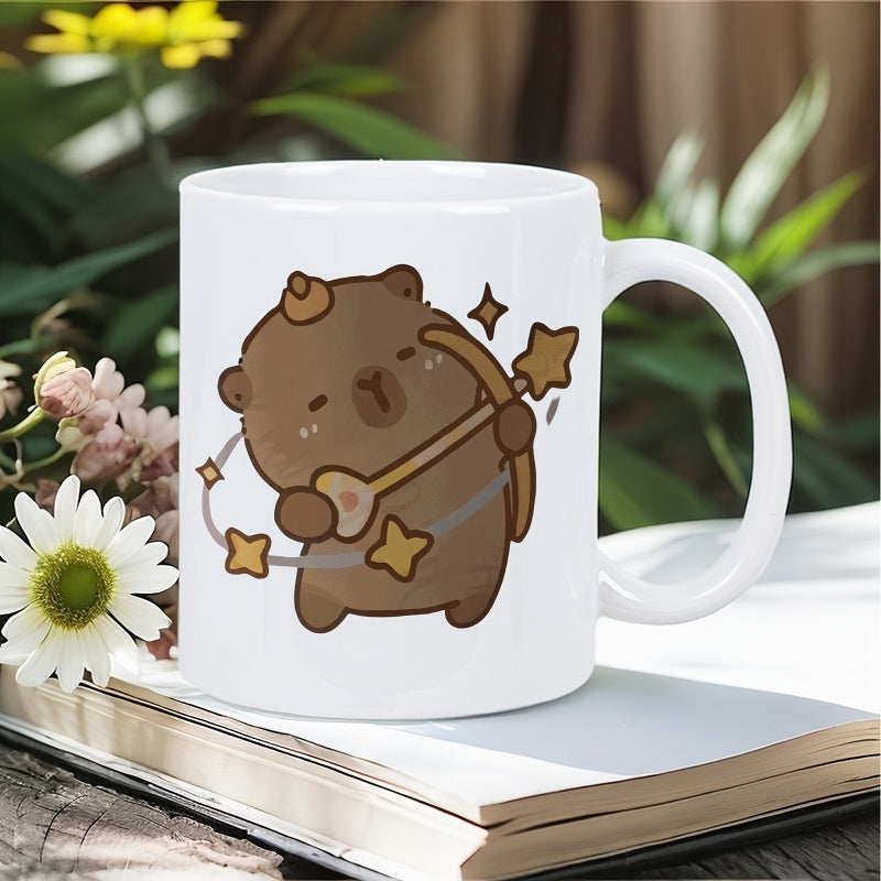 Tailorly White Ceramic 11 oz Mug - Adorable Brown Cupid Archer Holding Wooden Bow Among Twinkling Golden Stars Bear