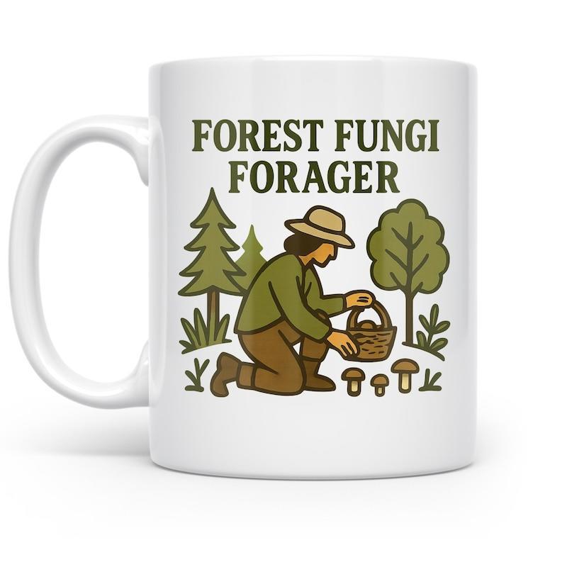 Tailorly White Ceramic 11 oz Mug - Forest Fungi Forager Person Kneeling To Harvest Wild Mushrooms Among Tall Green Forest Trees Forager