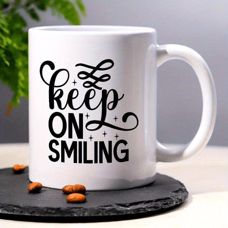 Tailorly White Ceramic 11 oz Mug - Keep On Smiling Minimalist Black Artistic Lettering With Graceful Flourishes And Tiny Sparkle Stars Mug