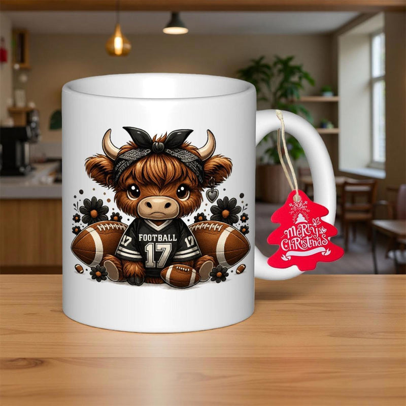 Tailorly White Ceramic 11 oz Mug - Football Cute Highland Cow Wearing Bandana And Jersey Between Two Footballs Cow