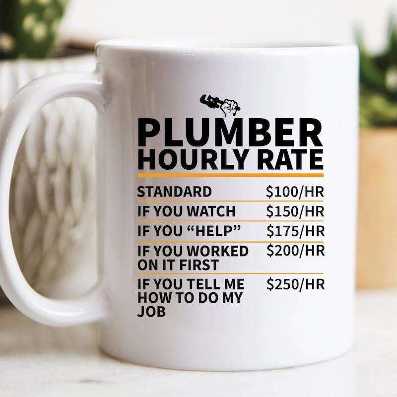Tailorly White Ceramic 11 oz Mug - Plumber Hourly Rate Minimalist Plumber Silhouette Above Detailed Pricing Table With Bold Professional Typography Sign