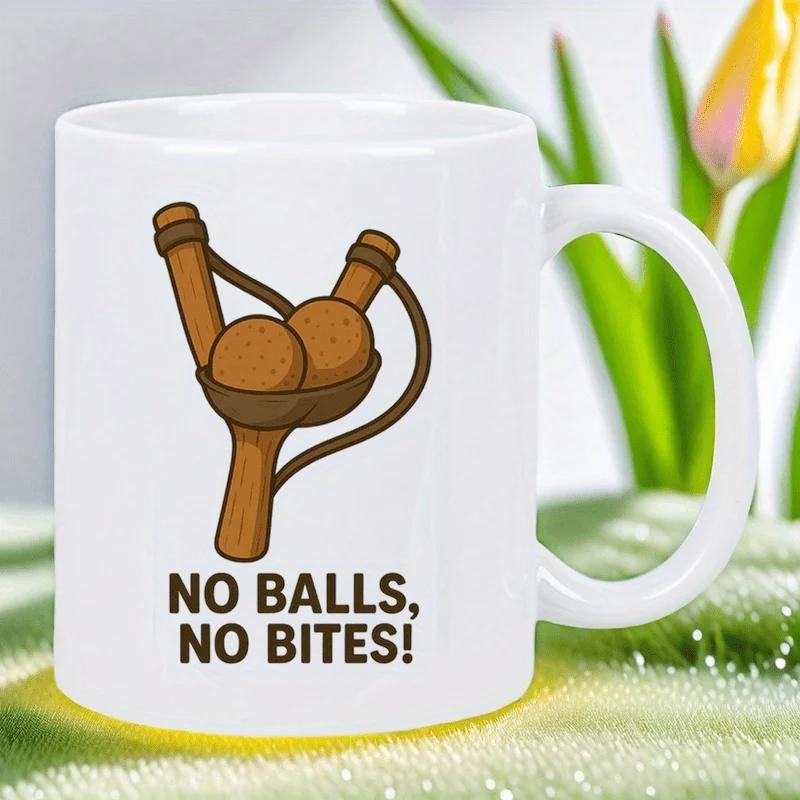 Tailorly White Ceramic 11 oz Mug - No Balls No Bites Simple Wooden Slingshot With Two Round Textured Brown Projectile Slingshot