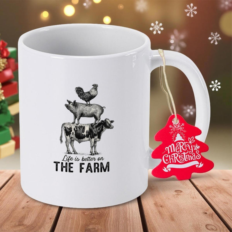 Tailorly White Ceramic 11 oz Mug - Life Is Better On The Farm Vintage Sketch Of Rooster Pig And Cow Stacked Cow