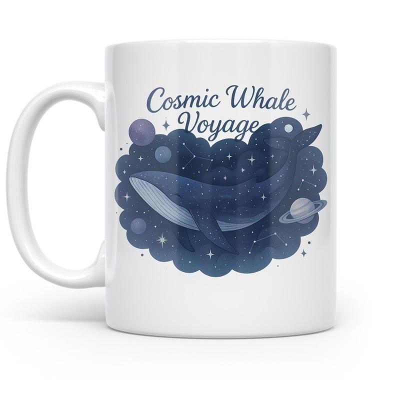 Tailorly White Ceramic 11 oz Mug - Cosmic Whale Voyage Floating Through A Deep Blue Starry Cloud With Small Planets Whale