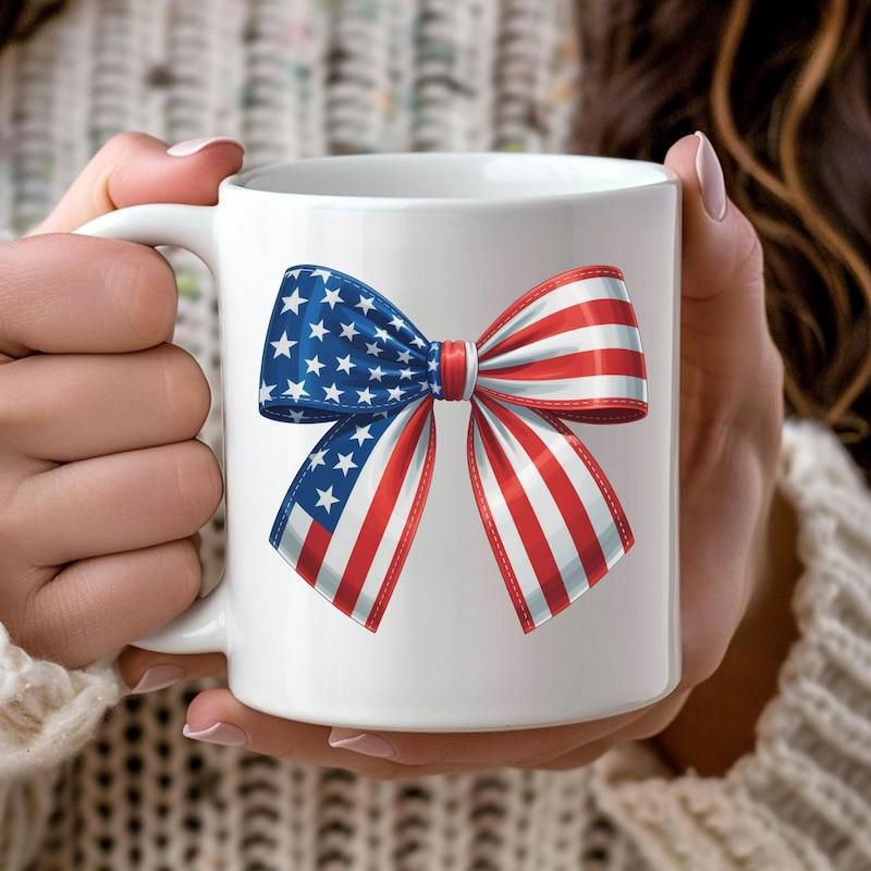 Tailorly White Ceramic 11 oz Mug - Patriotic Design With Stars And Stripes On A Large Tied Ribbon Bow
