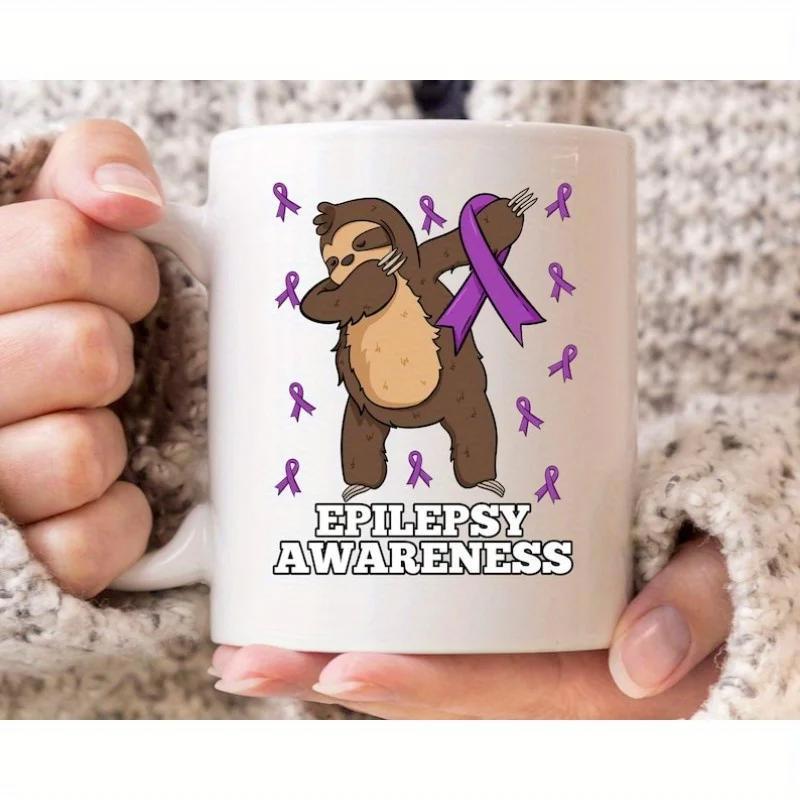 Tailorly White Ceramic 11 oz Mug - Epilepsy Awareness Dancing Cartoon Sloth Dabbing Among Small Purple Awareness Ribbons Sloth