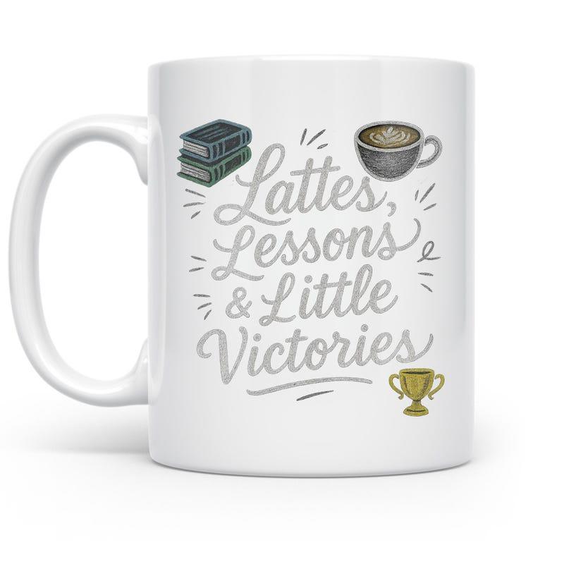 Tailorly White Ceramic 11 oz Mug - Lattes Lessons Little Victories Stacked Books With Steaming Latte And Golden Trophy Mug