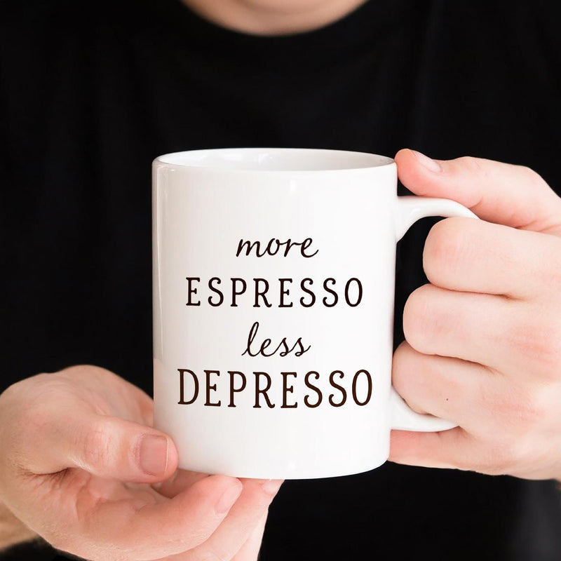 Tailorly White Ceramic 11 oz Mug - More Espresso Less Depresso Minimalist Black Decorative Typography Centered On A Glossy Mug