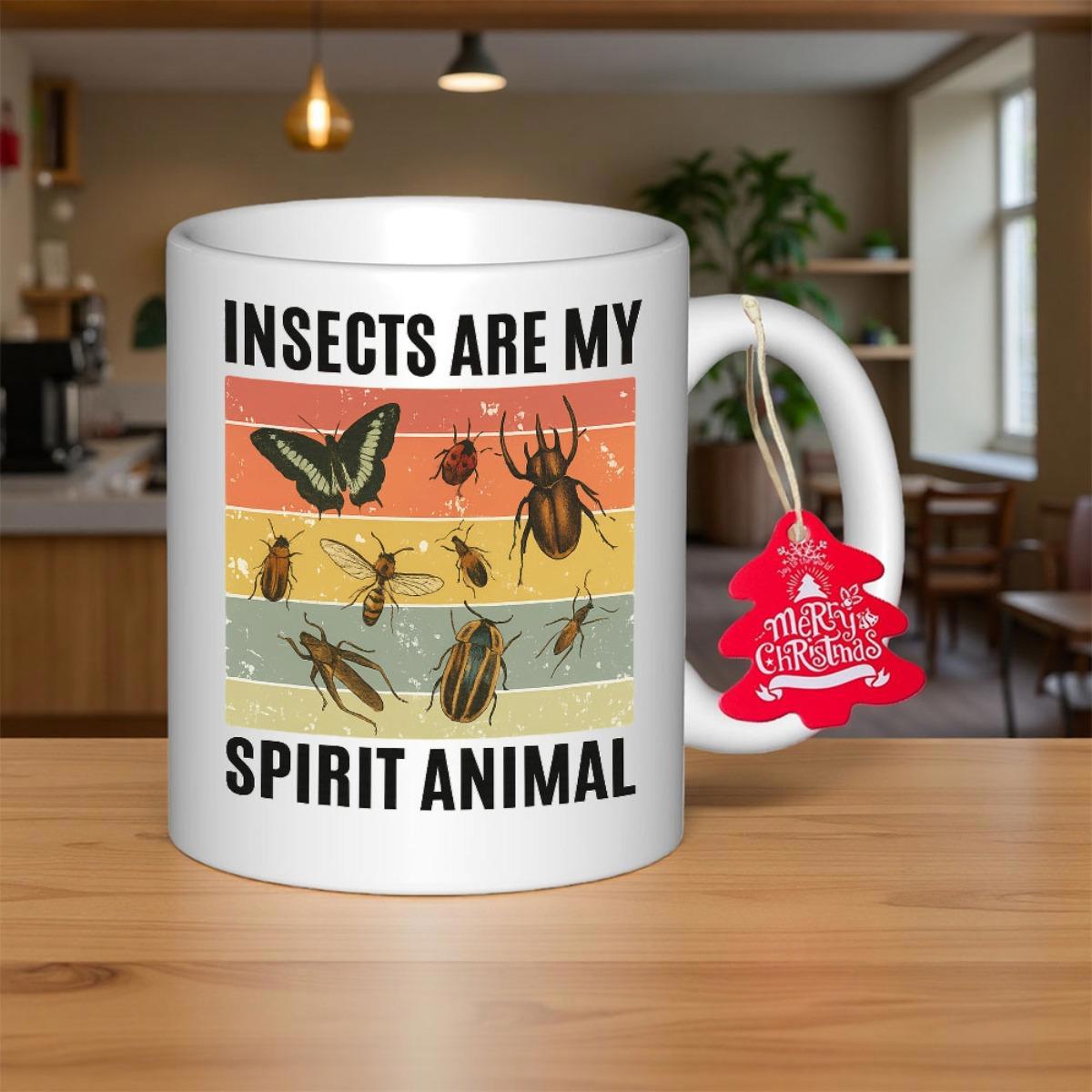 Tailorly White Ceramic 11 oz Mug - Insects Are My Spirit Animal Vintage Sunset Striped Background Featuring Many Different Tiny Insects