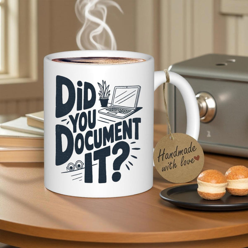 Tailorly White Ceramic 11 oz Mug - Did You Document It Minimalist Line Drawing Of Laptop Among Small Potted Office Plant Mug