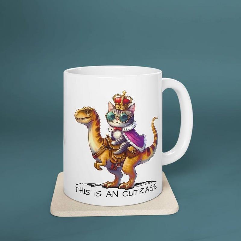 Tailorly White Ceramic 11 oz Mug - This Is An Outrage Royal Cat Wearing Crown And Cape Riding A Prehistoric Dinosaur