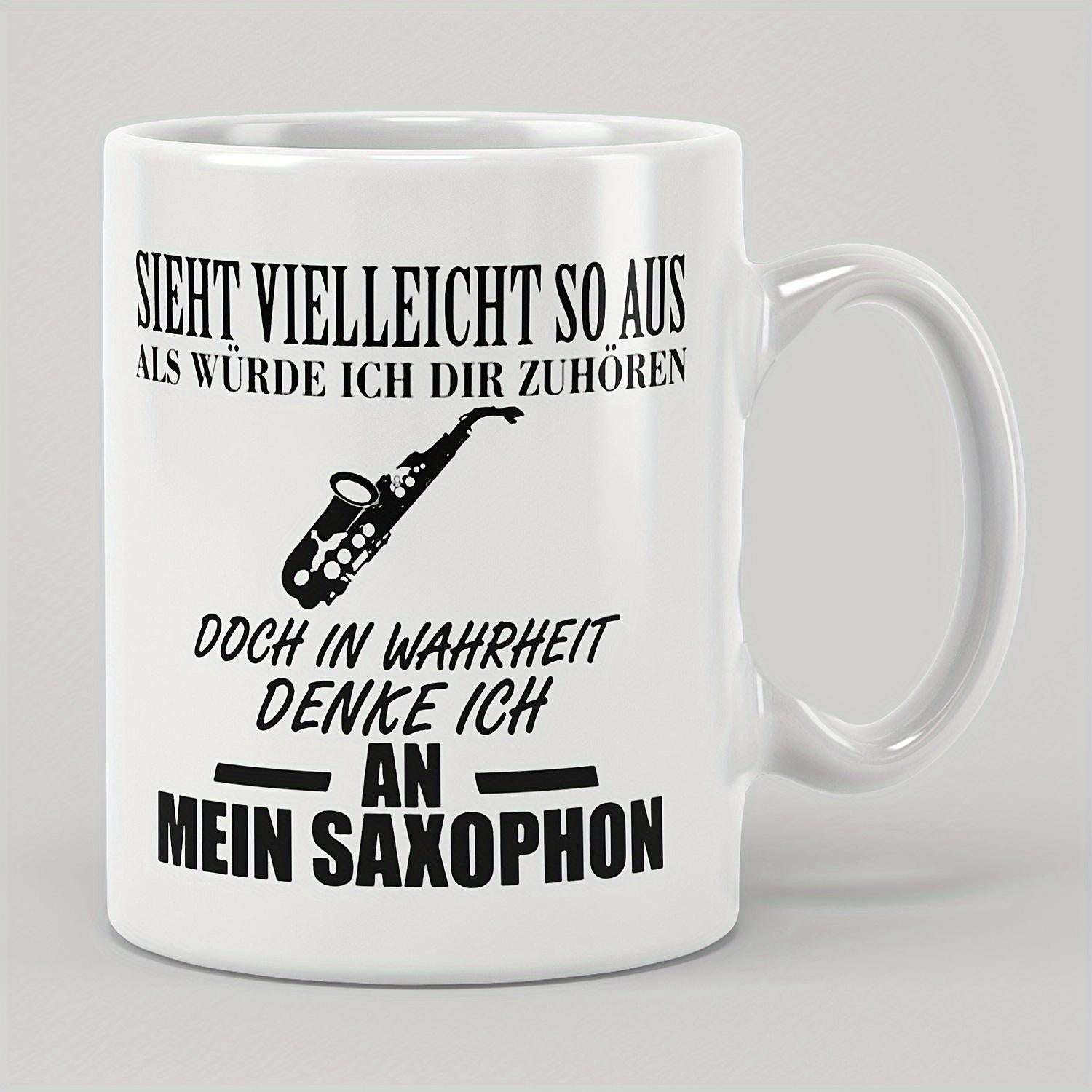Tailorly White Ceramic 11 oz Mug - Minimalist Black Musical Instrument Silhouette With Artistic Clean Lines And Polished Details Saxophone