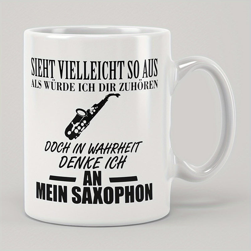 Tailorly White Ceramic 11 oz Mug - Minimalist Black Musical Instrument Silhouette With Artistic Clean Lines And Polished Details Saxophone