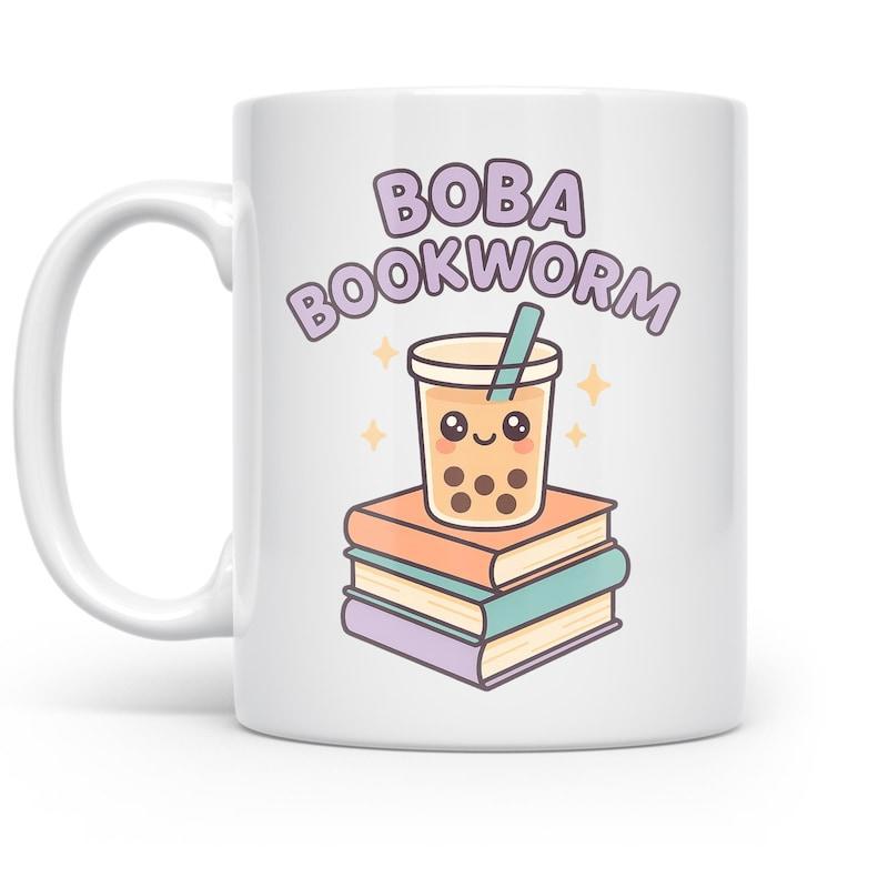 Tailorly White Ceramic 11 oz Mug - Boba Bookworm Cute Kawaii Tea Cup Resting On A Stack Of Colorful Textbooks Among Boba