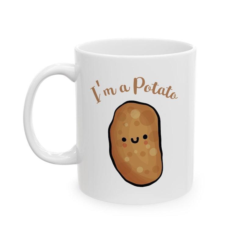 Tailorly White Ceramic 11 oz Mug - Im A Potato Cute Smiling Cartoon Vegetable With Happy Facial Expression On Textured Brown Potato