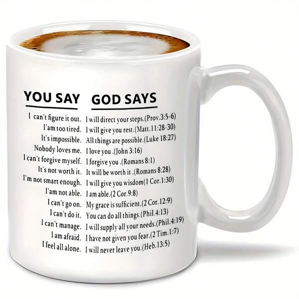 Tailorly White Ceramic 11 oz Mug - You Say God Says Inspirational Religious Bible Verses Featuring Minimalist Clean Typography Design Quote