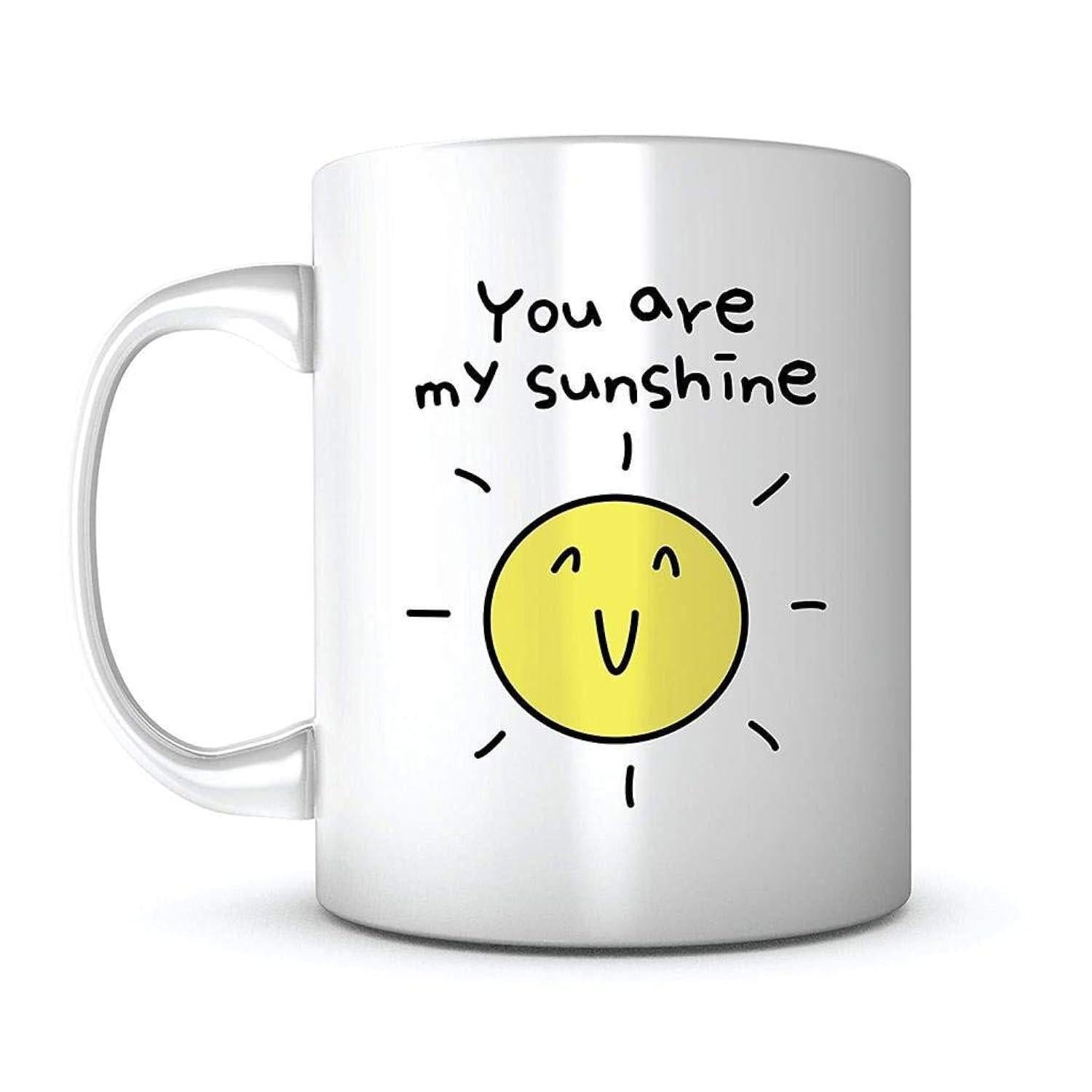 Tailorly White Ceramic 11 oz Mug - You Are My Sunshine Hand Drawn Radiant Yellow Sun With Happy Smiling Face And Rays Sun