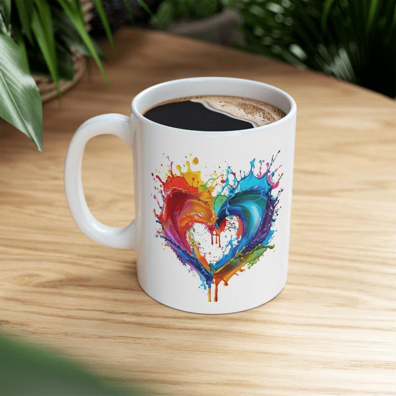 Tailorly White Ceramic 11 oz Mug - Vibrant Colorful Splashing Paint Abstract Artistic Design Symbolizing Love And Passion Heart