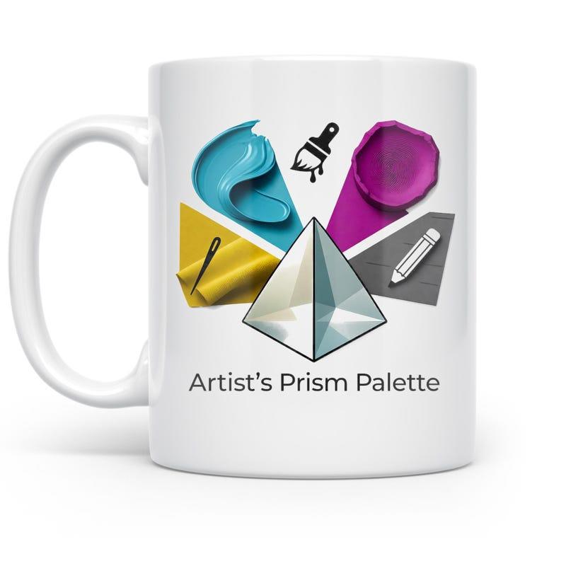 Tailorly White Ceramic 11 oz Mug - Artist's Prism Palette Vibrant Creative Symbols Flowing From A Shimmering Glass Prism Palette