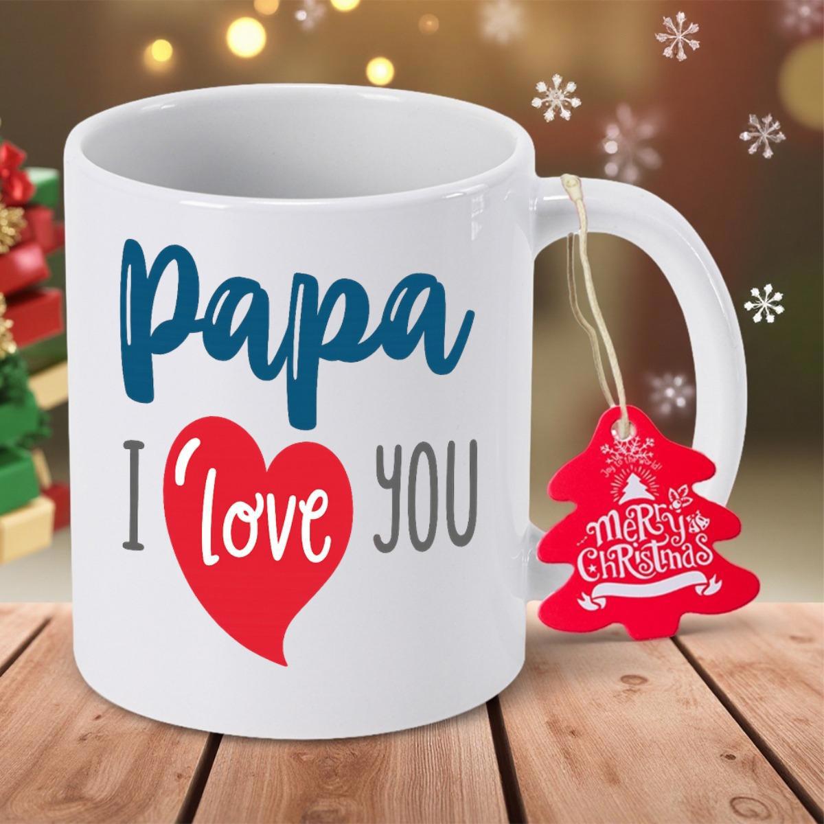 Tailorly White Ceramic 11 oz Mug - Papa I Love You Vibrant Red Heart Centered Between Stylish Blue And Grey Script Mug