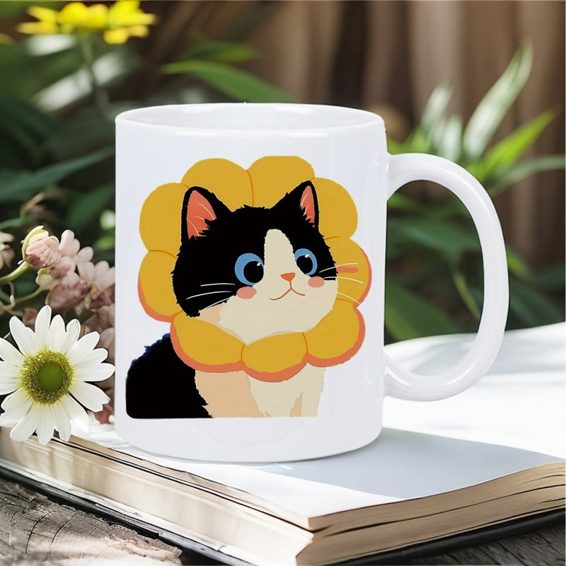 Tailorly White Ceramic 11 oz Mug - Adorable Black And White Tuxedo Kitten Wearing Vibrant Yellow Flower Petal Cat