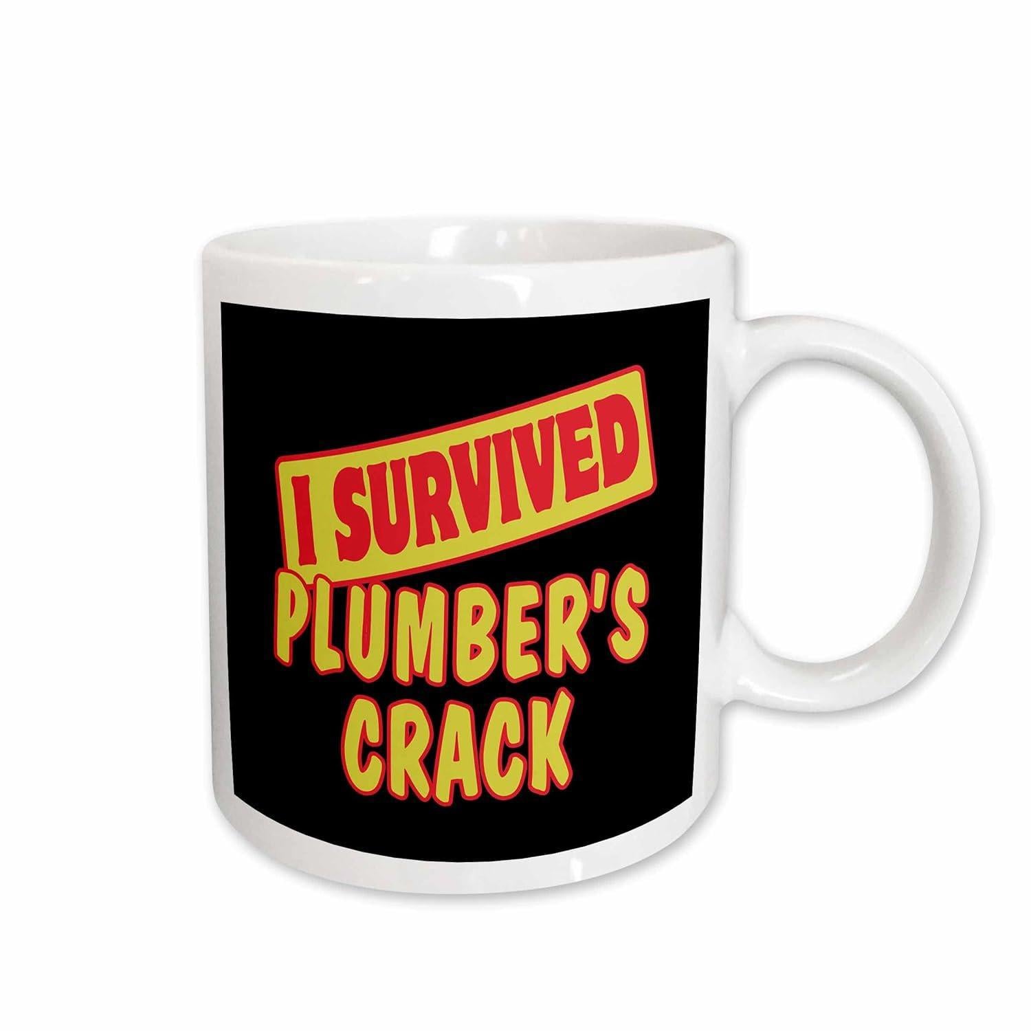 Tailorly White Ceramic 11 oz Mug - I Survived Plumbers Crack Bold Yellow Stylized Typography Against A Simple Solid Black Rectangle Mug