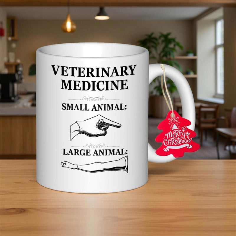 Tailorly White Ceramic 11 oz Mug - Veterinary Medicine Small Animal Large Animal Humorous Medical Illustrations Depicting Hands Performing Professional Checkup