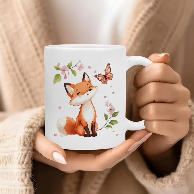 Tailorly White Ceramic 11 oz Mug - Adorable Little Red Fox Sitting Peacefully Among Blossoming Flowers And Flying Butterfly Fox