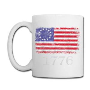 Tailorly White Ceramic 11 oz Mug - 1776 Distressed Vintage American National Banner With Circular White Stars Flag