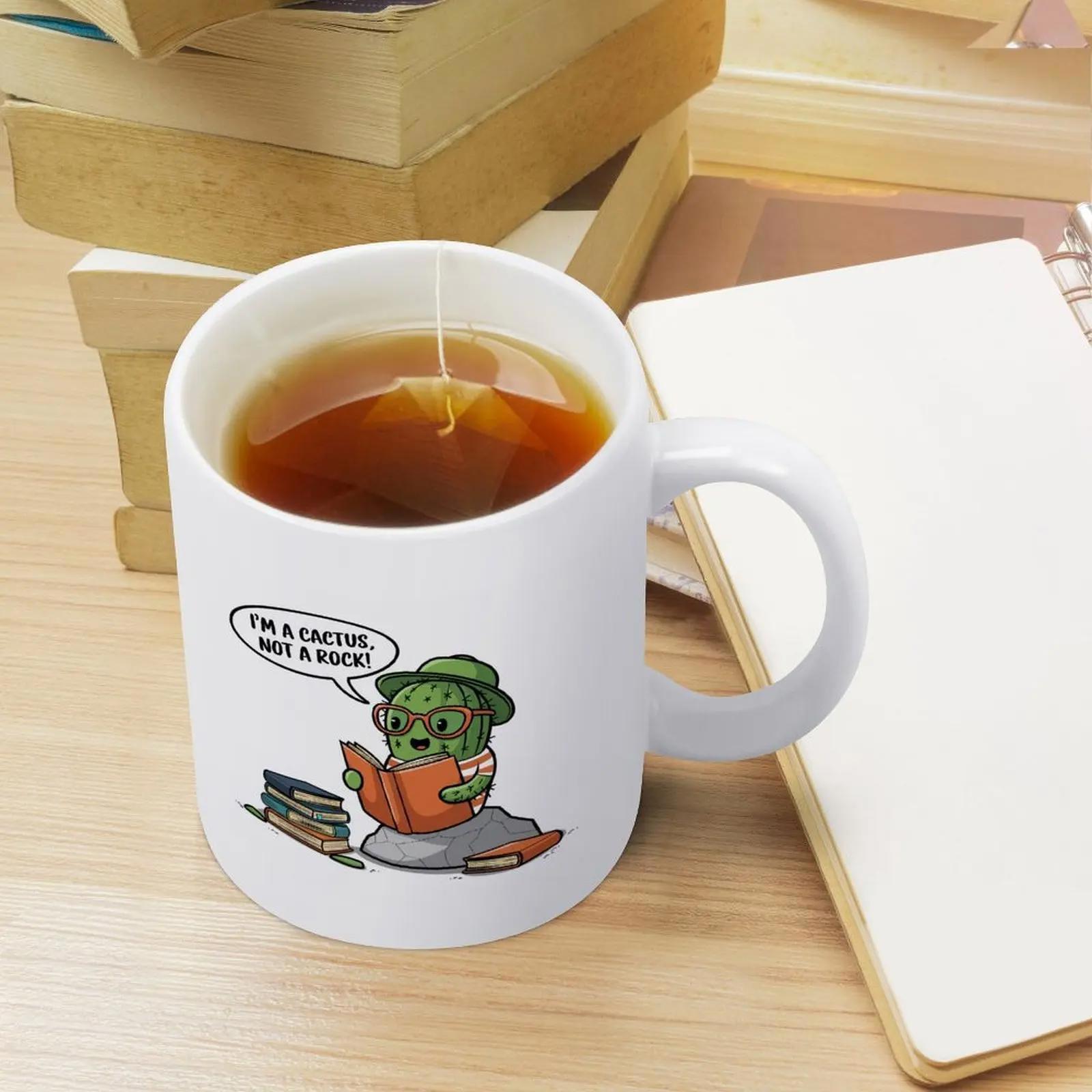 Tailorly White Ceramic 11 oz Mug - Im A Cactus Not A Rock Adorable Green Character Wearing Glasses Reading Books Sitting On Smooth Stone Cactus
