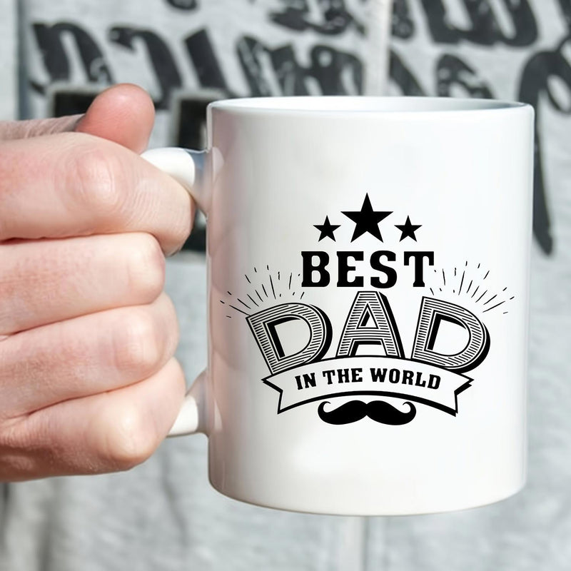 Tailorly White Ceramic 11 oz Mug - Best Dad In The World Vintage Monochrome Banner With Stars And Decorative Iconic Moustache