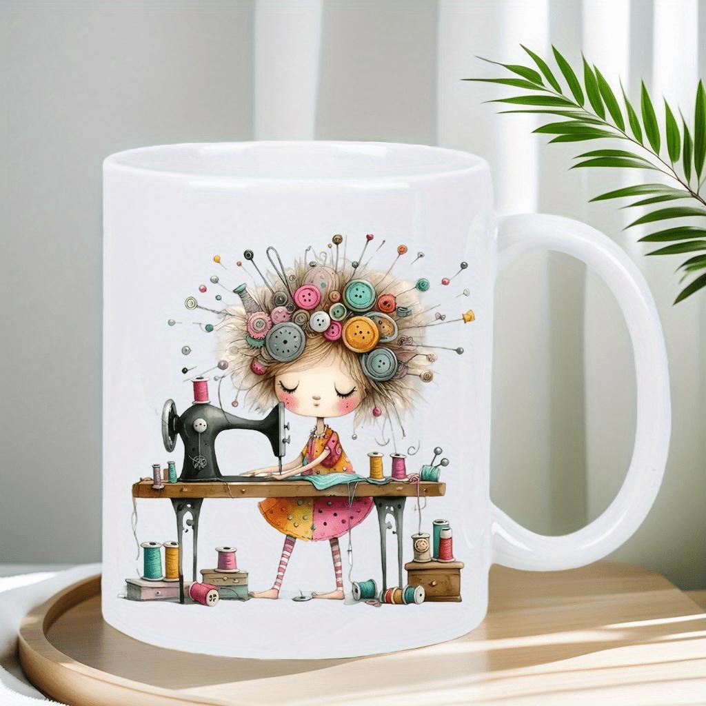 Tailorly White Ceramic 11 oz Mug - Whimsical Artist With Colorful Yarn Hair At A Vintage Sewing Machine Seamstress