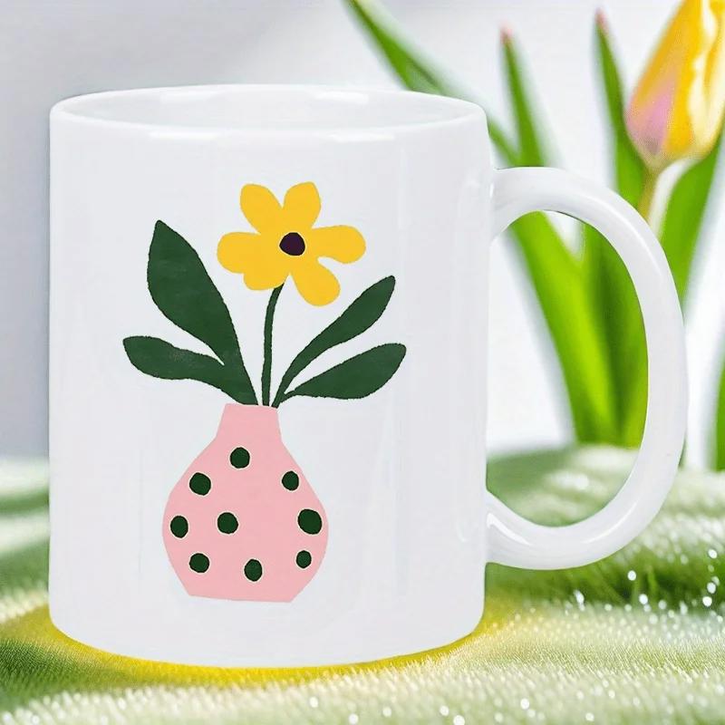 Tailorly White Ceramic 11 oz Mug - Yellow Blooming Flower Among Green Leaves Inside Pink Polka Dot Vase Flower