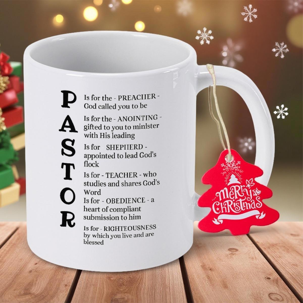 Tailorly White Ceramic 11 oz Mug - Pastor Merry Christmas Clean White Ceramic Base Featuring Religious Inspirational Text And Red Tag Mug