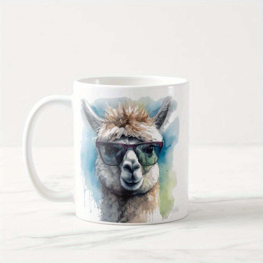 Tailorly White Ceramic 11 oz Mug - Realistic Watercolor Portrait Of A Cool Animal Wearing Dark Sunglasses Llama