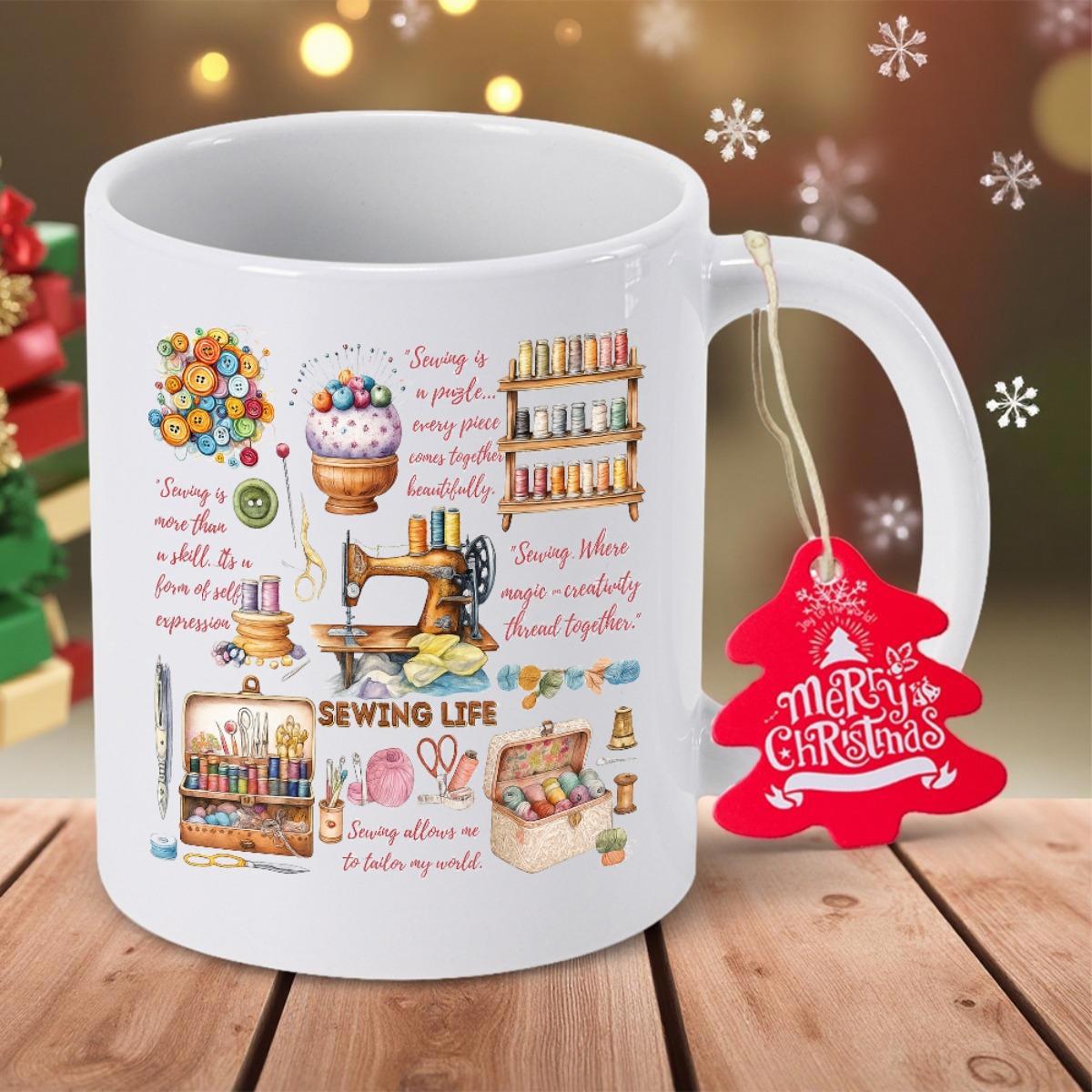 Tailorly White Ceramic 11 oz Mug - Sewing Life Vintage Style Illustration Featuring Colorful Threads And Crafting Tools Beside Classic Sewing Machine