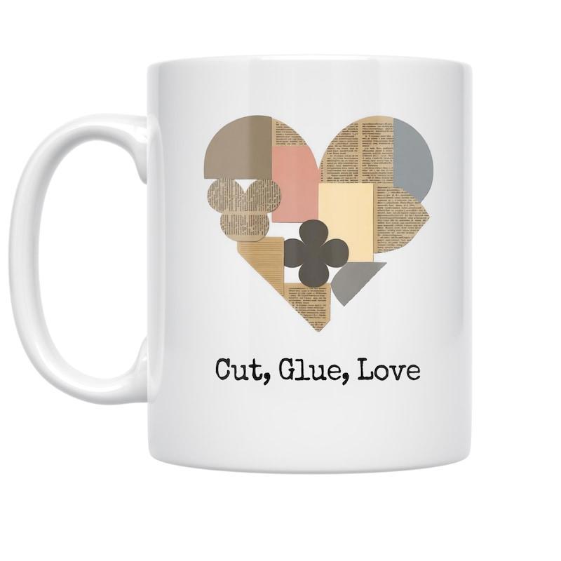 Tailorly White Ceramic 11 oz Mug - Cut Glue Love Artistic Geometric Collage Shapes With Various Muted Earthy Tones Patterned Heart