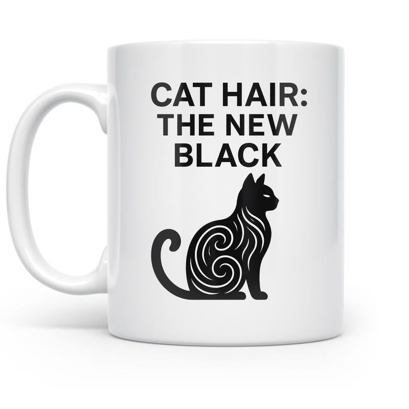 Tailorly White Ceramic 11 oz Mug - Cat Hair The New Black Elegant Black Silhouette Featuring Intricate White Swirling Decorative Patterns Cat