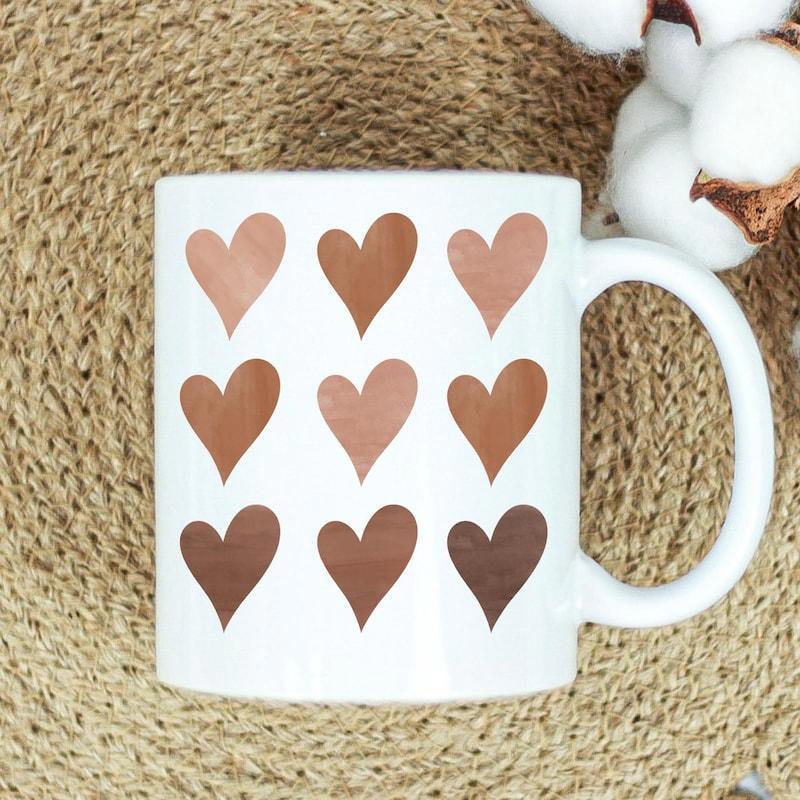 Tailorly White Ceramic 11 oz Mug - Aesthetic Brown Tones Gradient Design Arranged In Symmetric Grid Heart