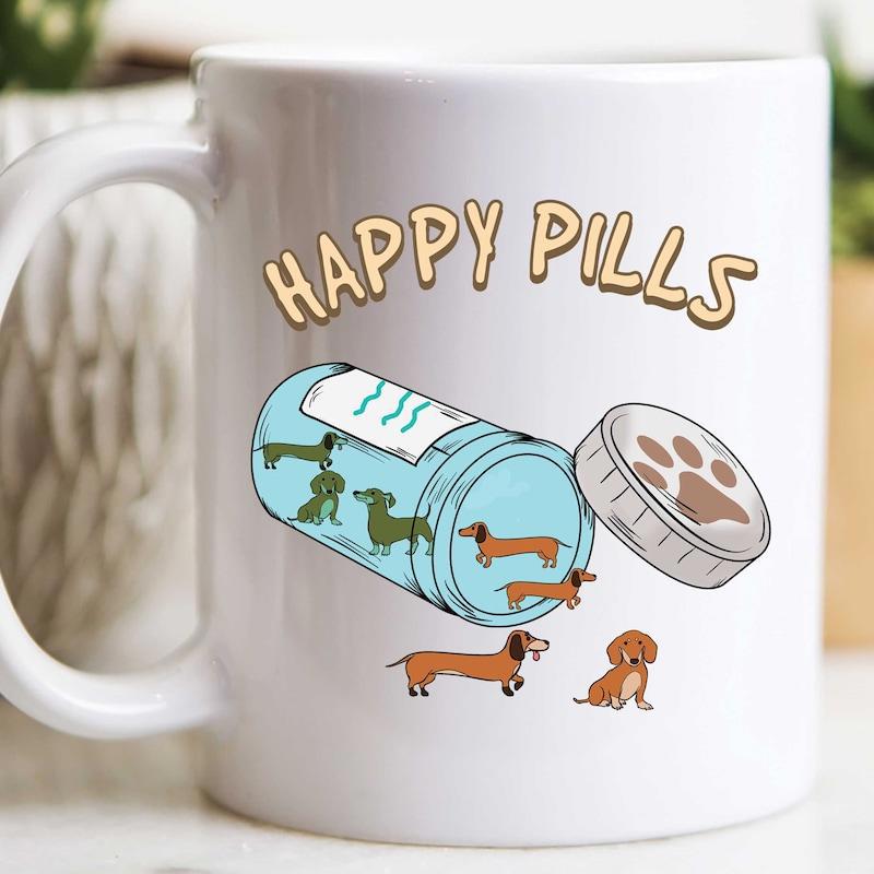 Tailorly White Ceramic 11 oz Mug - Happy Pills Medicine Bottle With Playful Small Puppies Spilling Out From Open Container Dachshund