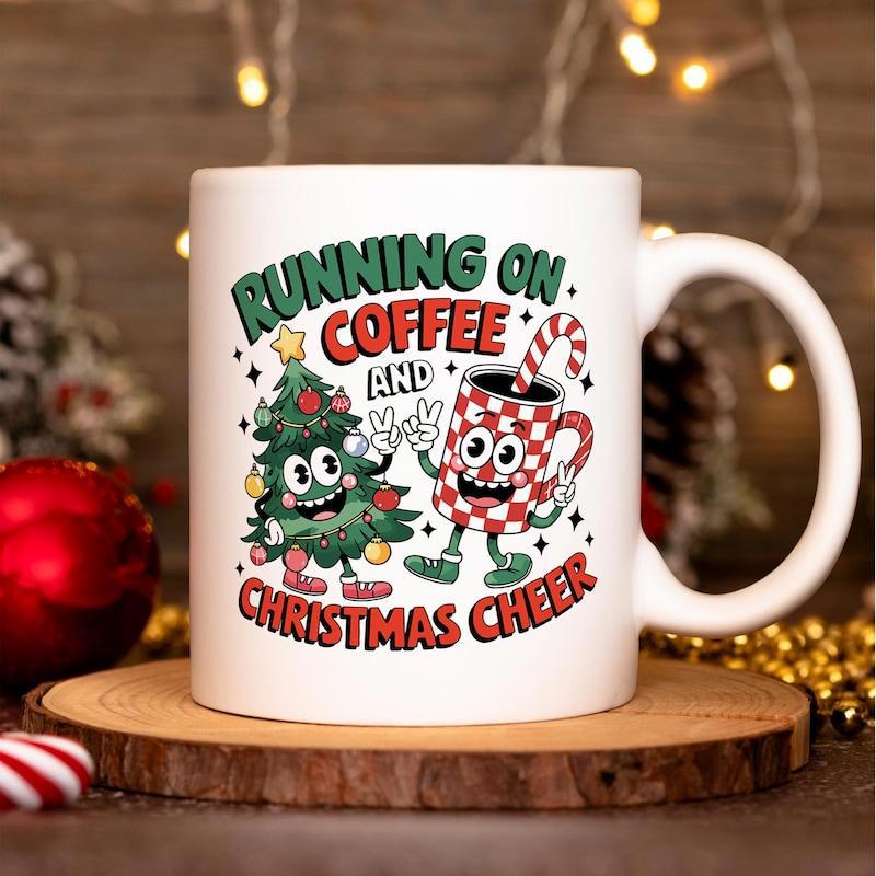 Tailorly White Ceramic 11 oz Mug - Running On Coffee And Christmas Cheer Festive Retro Style With Animated Christmas Tree And Coffee Cup Character