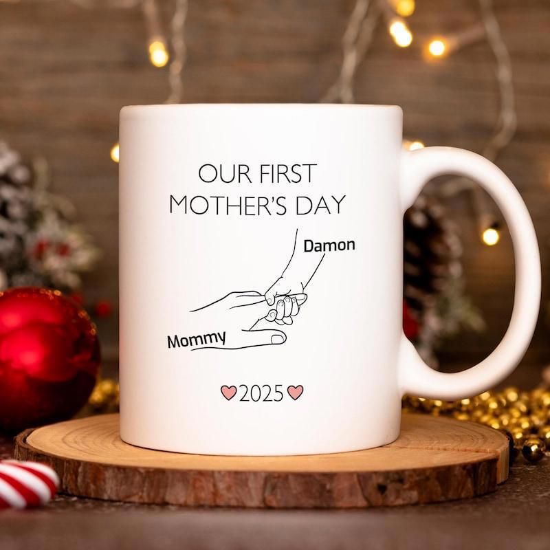 Tailorly White Ceramic 11 oz Mug - Our First Mothers Day Mommy Damon 2025 Elegant Minimalist Line Drawing Of Parent And Infant Interlocked Hands