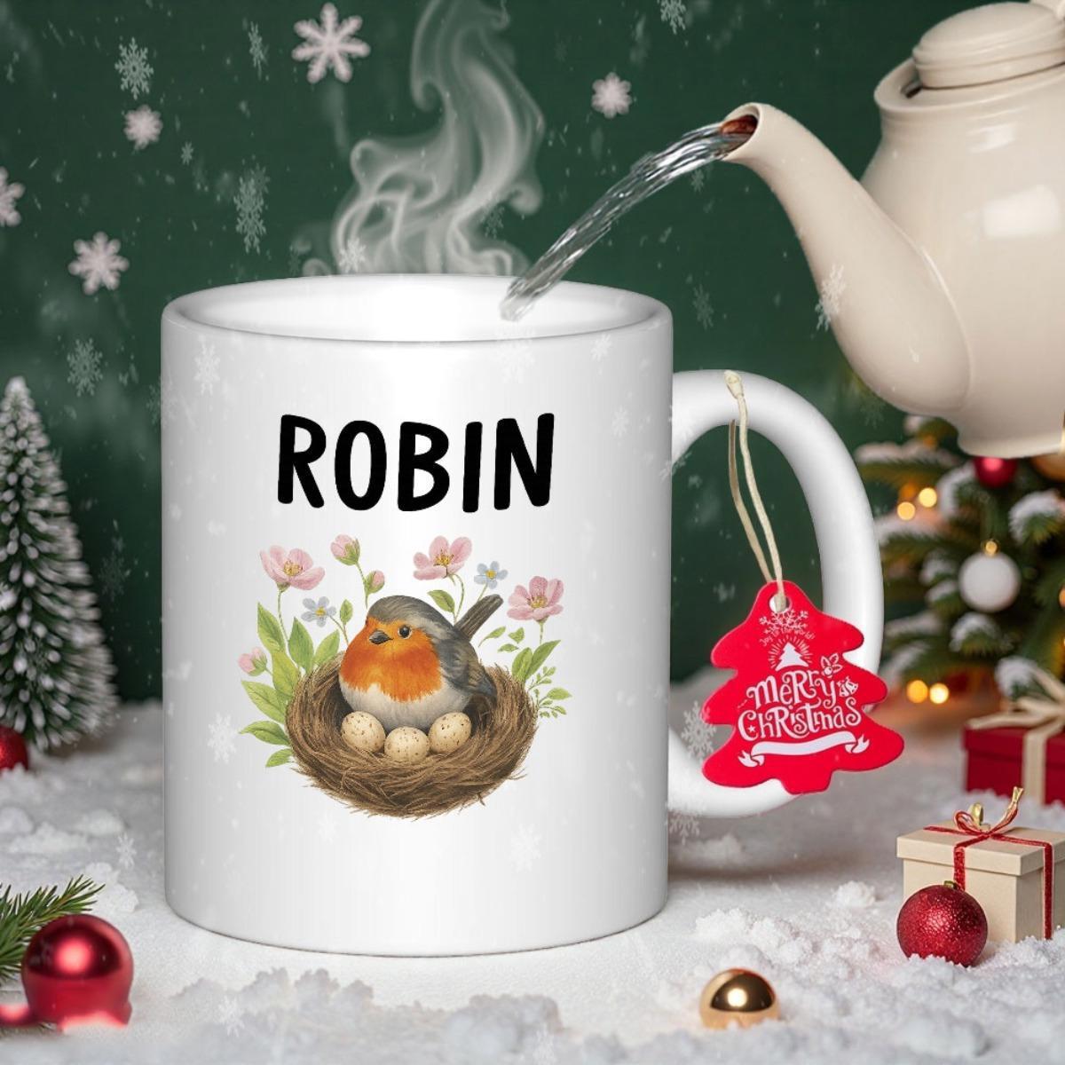 Tailorly White Ceramic 11 oz Mug - Robin Cute Little Bird Resting In Nest Among Blooming Spring Flowers Bird